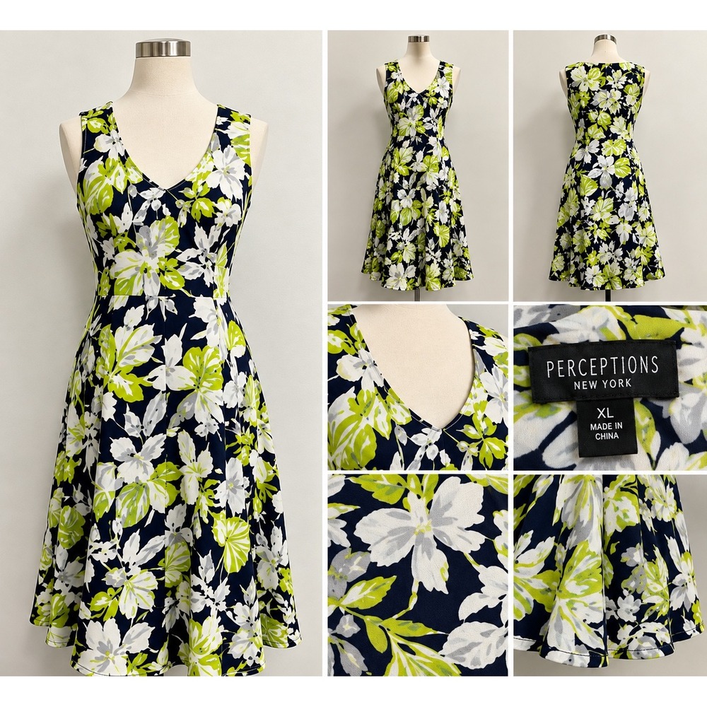 Perceptions Floral A-Line Dress Lime Green Navy Leaf Print XL Sleeveless Summer